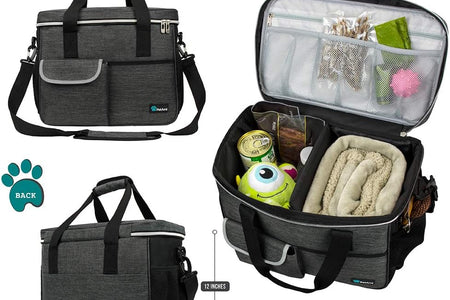 Dog Travel Organizer with Food Container and Bowls, Weekend Camping Accessories - Charcoal, Medium