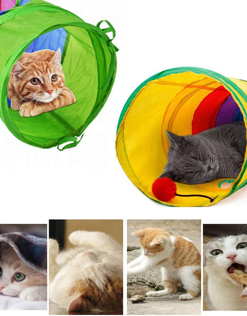 Load image into Gallery viewer, Cat Tunnel for Indoor Cats, 45" Long Rainbow Collapsible Kitten Tube with a Fun Ball and 2 Holes Cat Play Tunnel, Rabbit Tunnel for Kittens Exercising Hiding Training and Running(Colorful)
