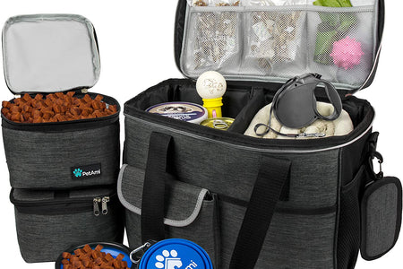 Dog Travel Organizer with Food Container and Bowls, Weekend Camping Accessories - Charcoal, Medium