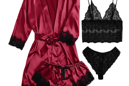 Sexy Lingerie,  Silk Satin Pajamas for Women, Womens Summer Pajamas Pjs Sets of 4 Pcs with Floral Lace Top Shorts and Robe, Gift for Women, Burgundy, XXL