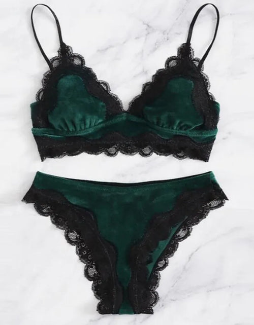 Load image into Gallery viewer, Solid Comfy Velvet Lingeries for Women Floral Lace Gathered Bras and Thong Set 2Pcs Seductive Lingerie Sexy Sleepwear Pajama Set
