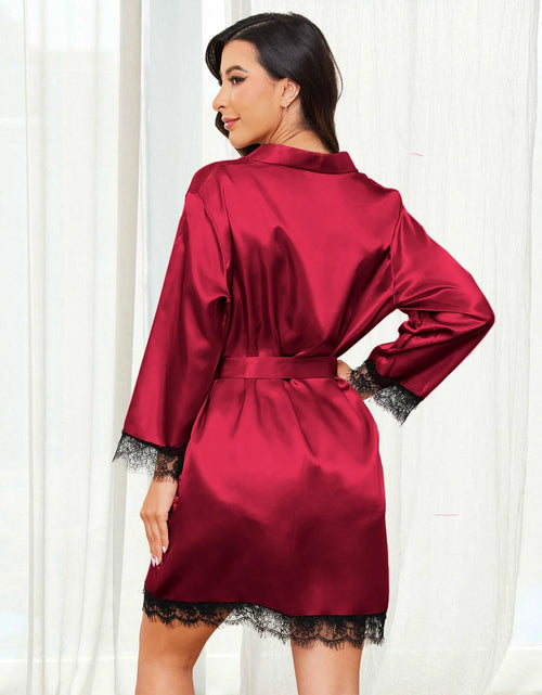 Load image into Gallery viewer, Sexy Lingerie,  Silk Satin Pajamas for Women, Womens Summer Pajamas Pjs Sets of 4 Pcs with Floral Lace Top Shorts and Robe, Gift for Women, Burgundy, XXL
